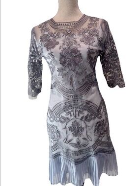 Silver Floral Embroidered Sheer Midi Dress satin Slip Sz S Ruffled Hem Wedding